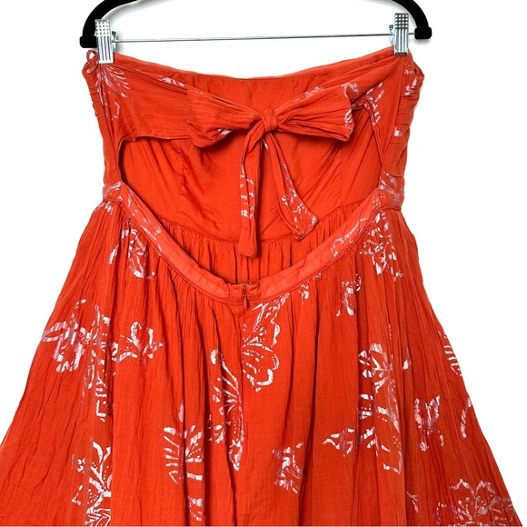 Free People Baja Babe Copper Boho Gilded Floral Crinkle Strapless Maxi Dress - Picture 10 of 12